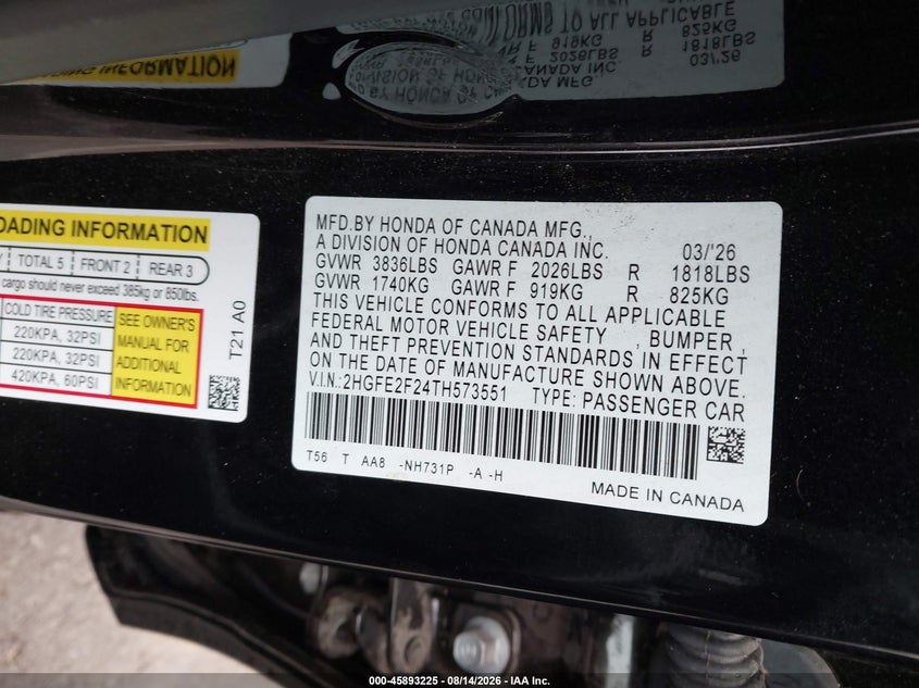 2026 HONDA CIVIC SEDAN 2.0L I-4 DI, DOHC, VVT, REGULAR , 150HP