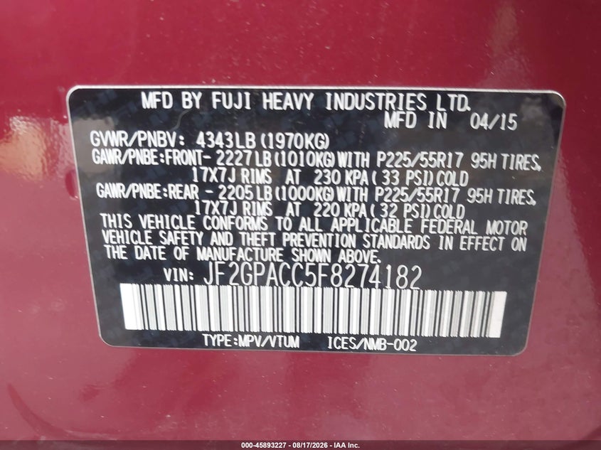 2015 SUBARU XV SPORT UTILITY VEHICLE 2.0L H-4 DOHC, VVT, 148HP