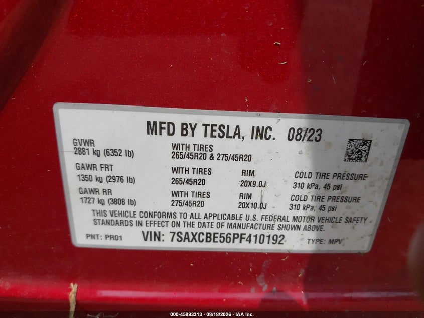 TESLA MODEL X 2023 VIN 7SAXCBE56PF410192