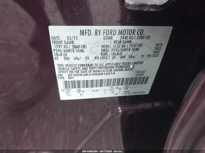FORD EDGE 2011 VIN 2FMDK3KC0BBB12914