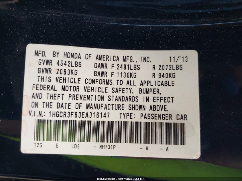 2014 HONDA ACCORD SEDAN 3.5L V-6 VVT, 278HP
