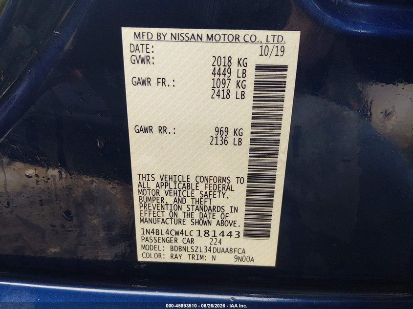 NISSAN ALTIMA 2020 VIN 1N4BL4CW4LC181443