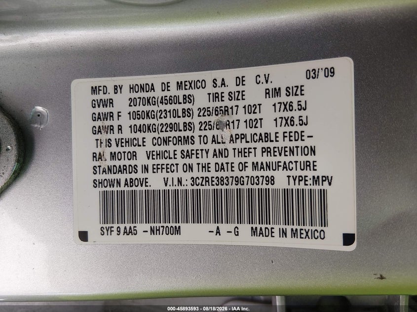 HONDA CR-V 2009 VIN 3CZRE38379G703798