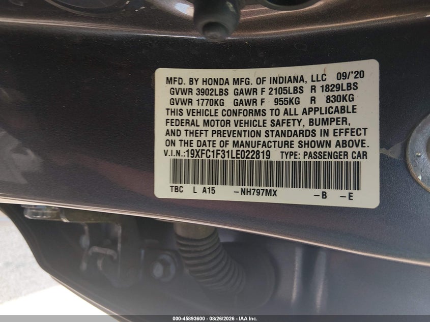 HONDA CIVIC 2020 VIN 19XFC1F31LE022819