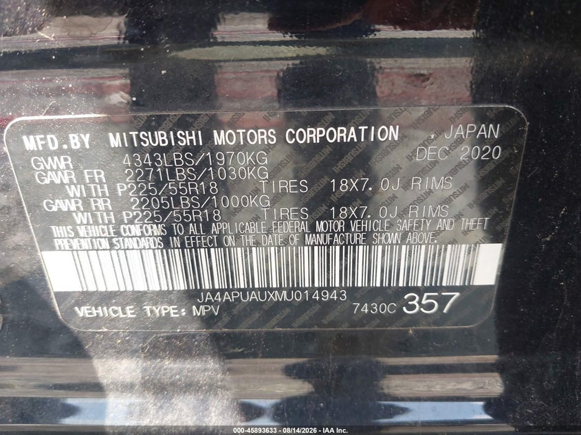 MITSUBISHI OUTLANDER SPORT 2021 VIN JA4APUAUXMU014943