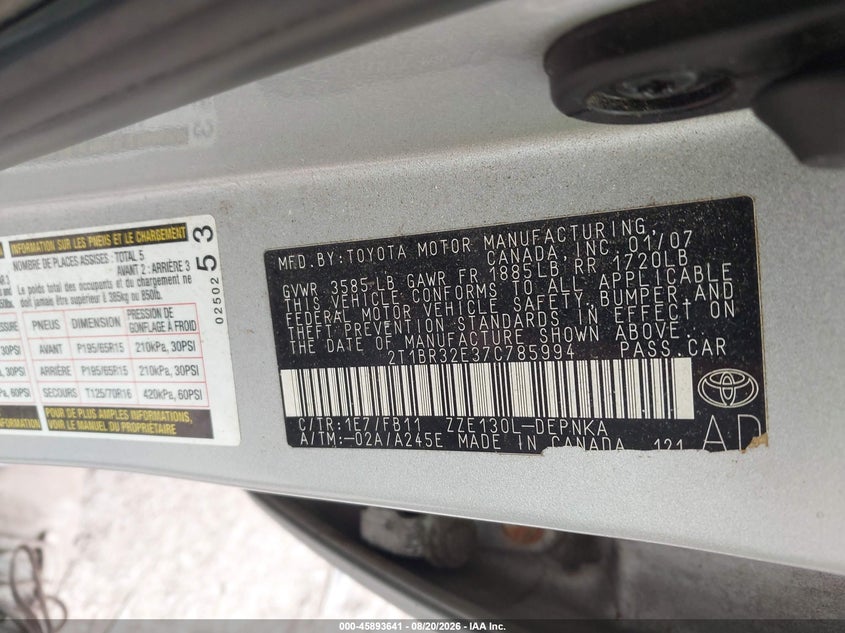 2007 TOYOTA COROLLA SEDAN 1.8L I-4 DOHC, VVT, 126HP