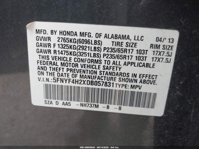 HONDA PILOT 2013 VIN 5FNYF4H2XDB057831