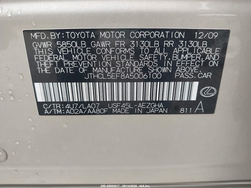 LEXUS LS 460 2010 VIN JTHCL5EF8A5006100