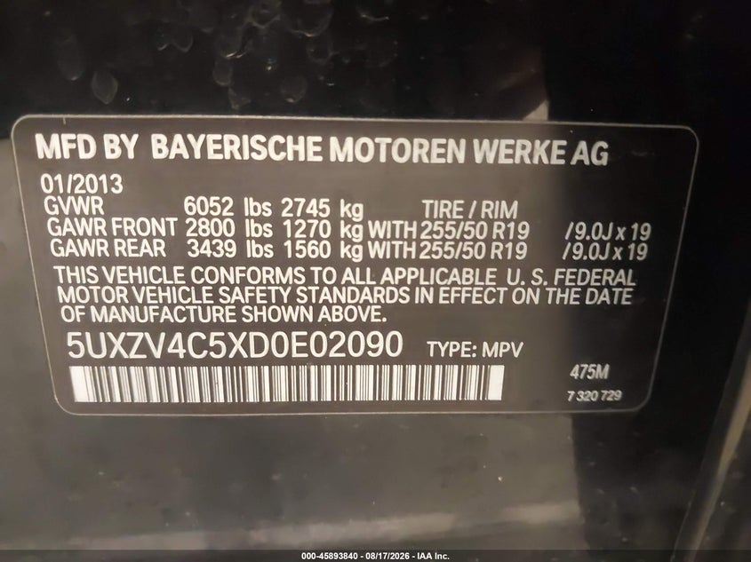 BMW X5 2013 VIN 5UXZV4C5XD0E02090