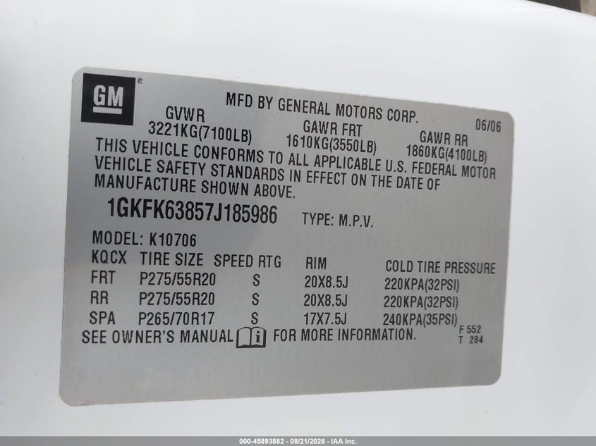 GMC YUKON DENALI 2007 VIN 1GKFK63857J185986