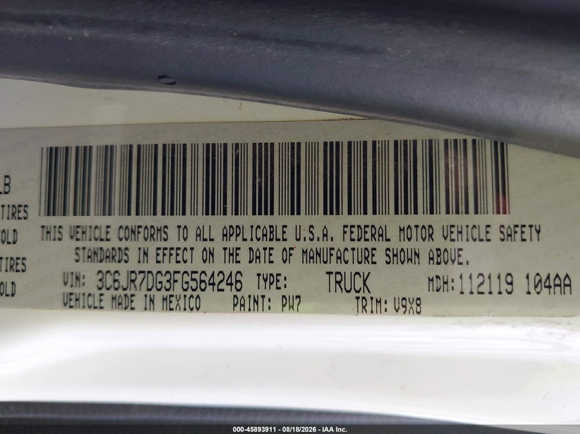 RAM 1500 2015 VIN 3C6JR7DG3FG564246