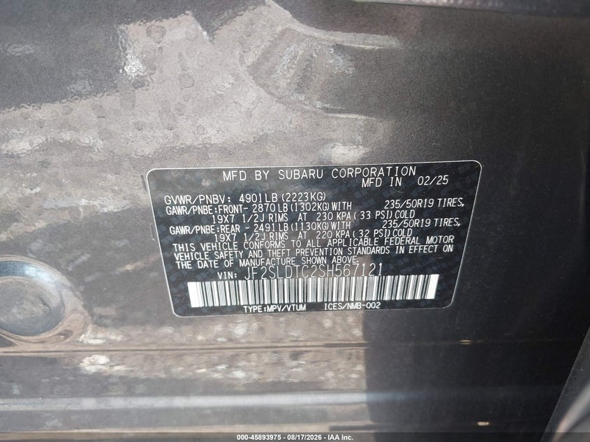 SUBARU FORESTER 2025 VIN JF2SLDTC2SH567121