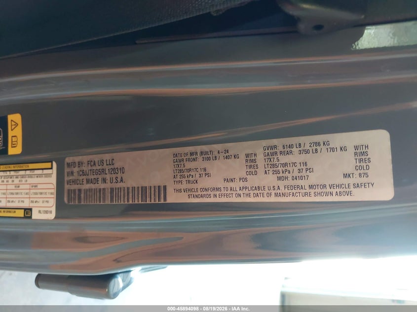 JEEP GLADIATOR 2024 VIN 1C6JJTEG5RL120310
