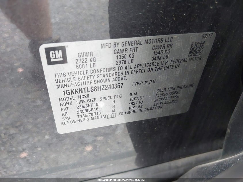 GMC ACADIA 2017 VIN 1GKKNTLS8HZ240367