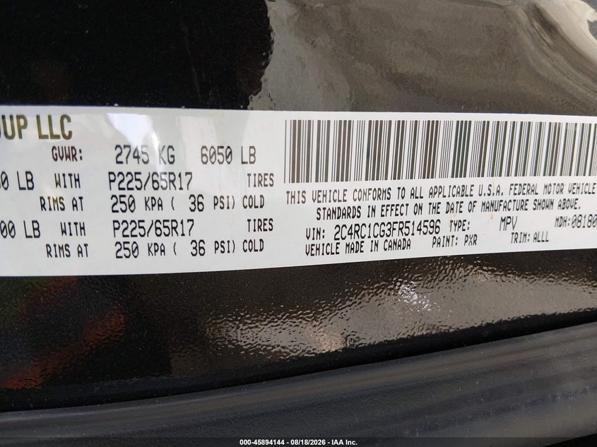 CHRYSLER TOWN & COUNTRY 2015 VIN 2C4RC1CG3FR514596