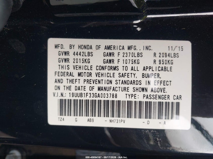 ACURA TLX 2016 VIN 19UUB1F33GA003788
