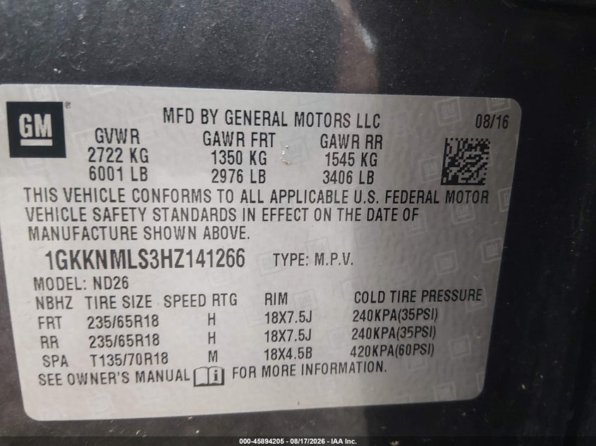 GMC ACADIA 2017 VIN 1GKKNMLS3HZ141266