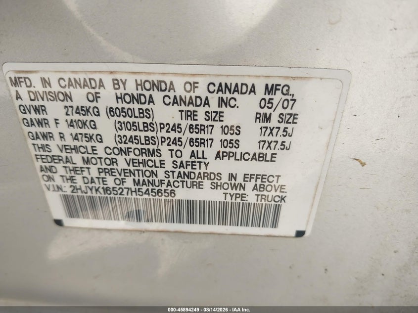 HONDA RIDGELINE 2007 VIN 2HJYK16527H545656