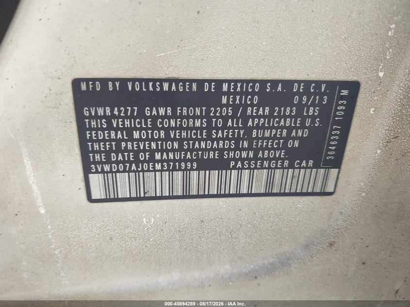 VOLKSWAGEN JETTA 2014 VIN 3VWD07AJ0EM371999