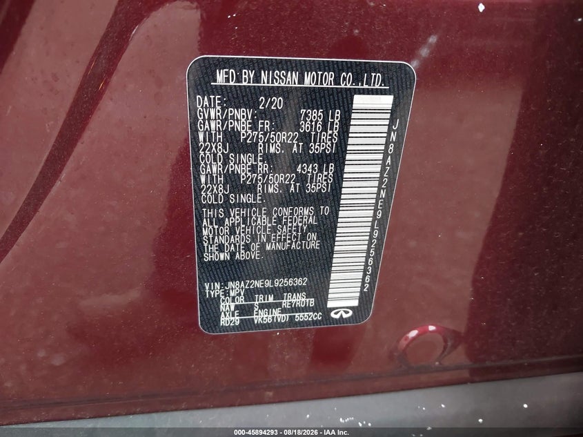 INFINITI QX80 2020 VIN JN8AZ2NE9L9256362