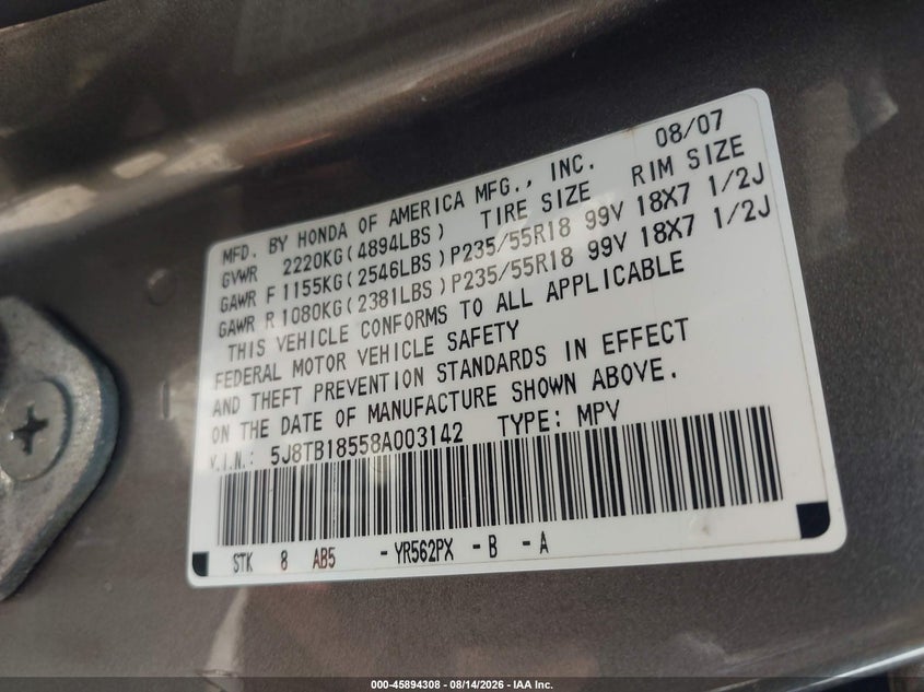 ACURA RDX 2008 VIN 5J8TB18558A003142