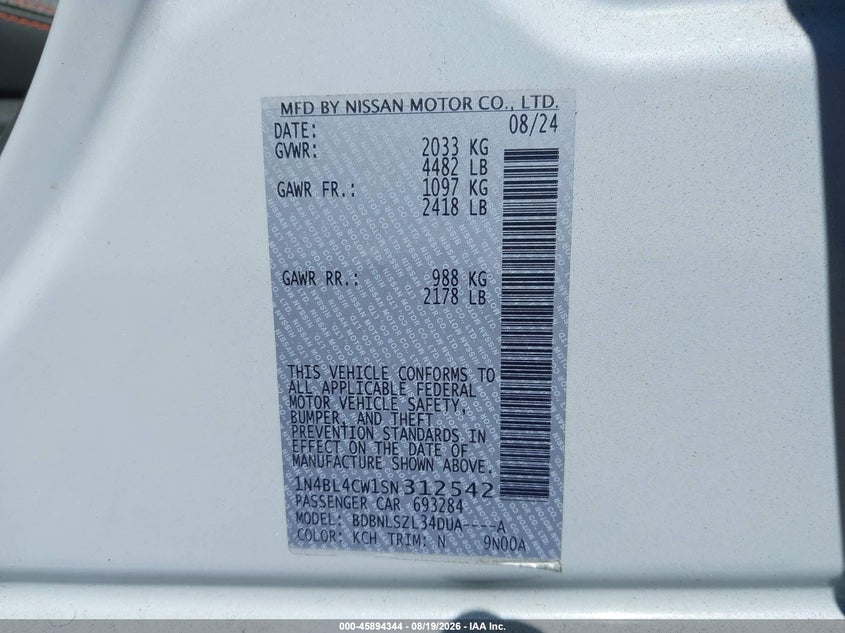 NISSAN ALTIMA 2025 VIN 1N4BL4CW1SN312542