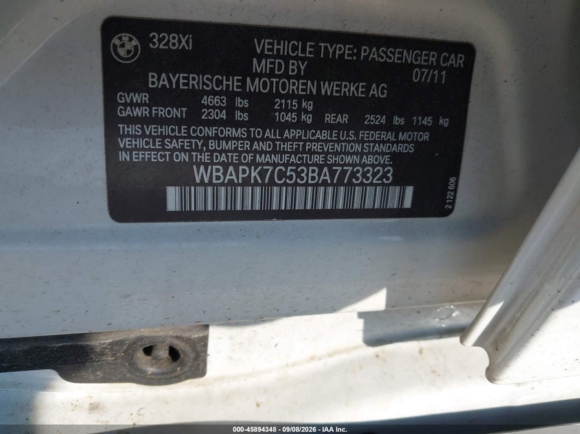 2011 BMW 3ER SEDAN 3.0L I-6 DOHC, VVT, 230HP