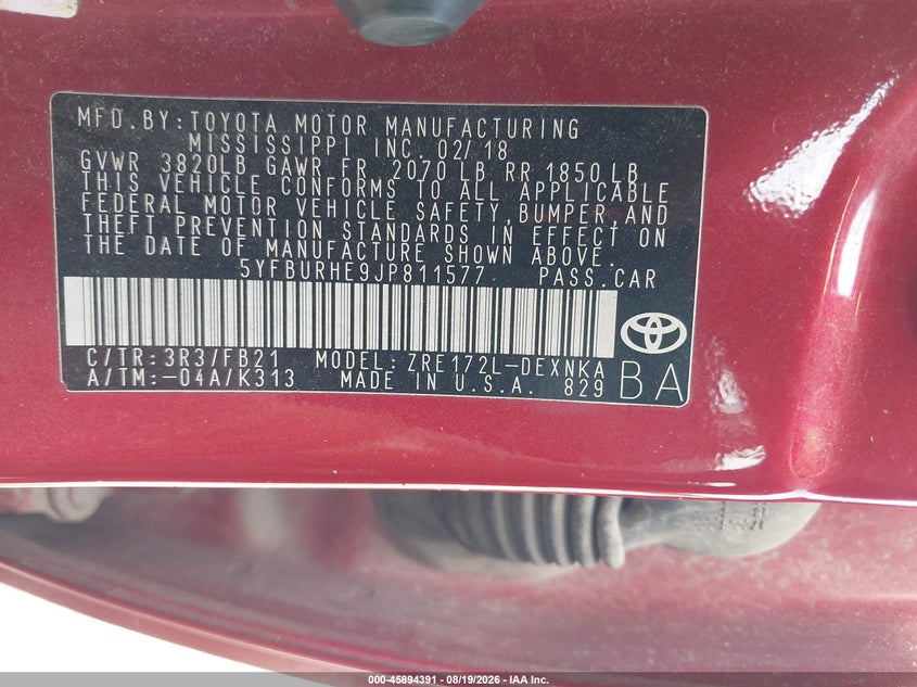 2018 TOYOTA COROLLA SEDAN 1.8L I-4 DOHC, VVT, 132HP