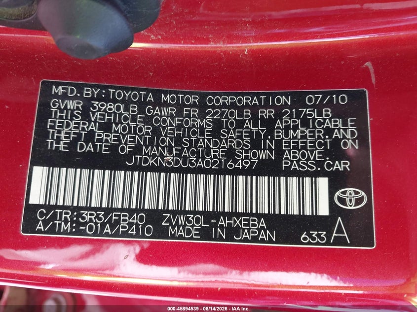 2010 TOYOTA PRIUS HATCHBACK 1.8L I-4 DOHC, VVT, 98HP