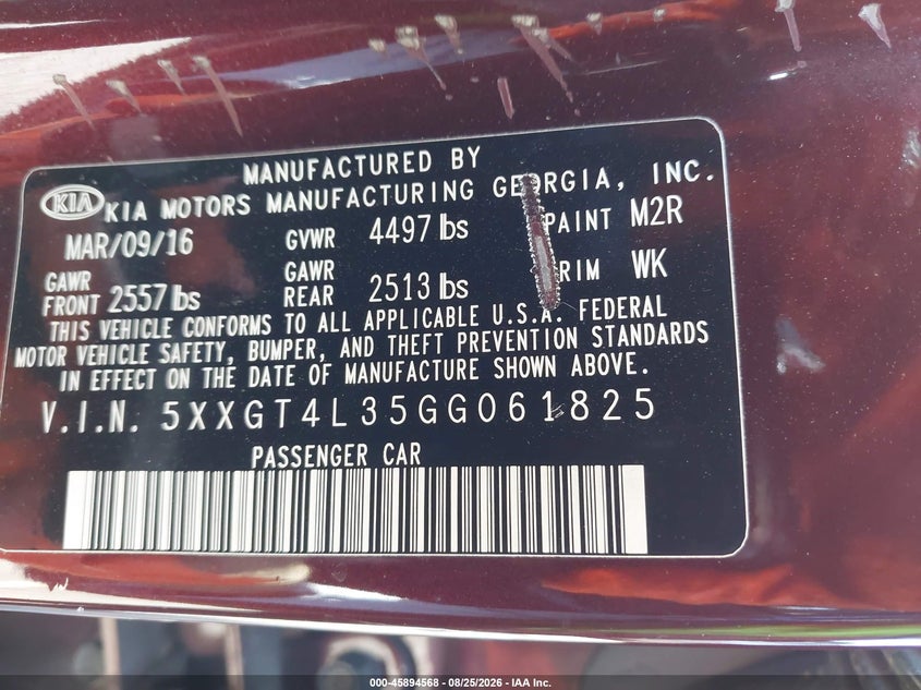 2016 KIA OPTIMA SEDAN 2.4L I-4 DI, DOHC, VVT, 185HP