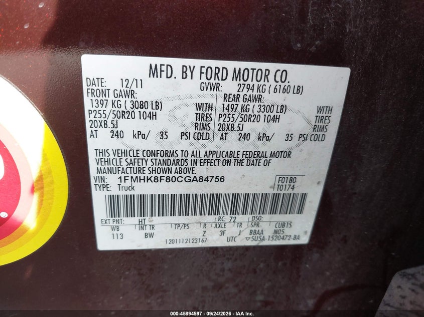 FORD EXPLORER 2012 VIN 1FMHK8F80CGA84756