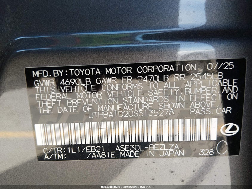 LEXUS IS 300 2025 VIN JTHBA1D20S5135278