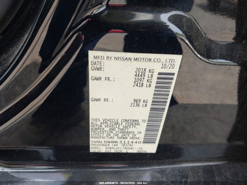 NISSAN ALTIMA 2021 VIN 1N4BL4DW8MN311440