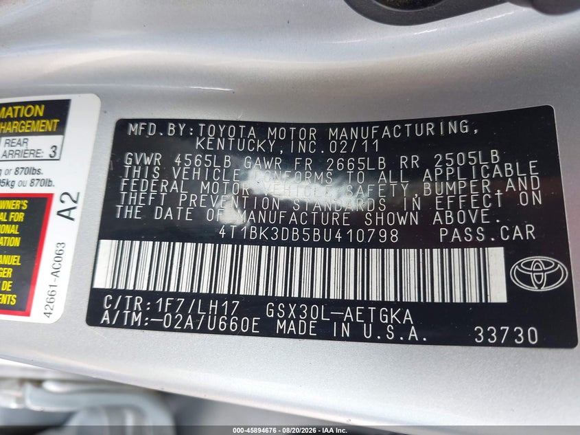 2011 TOYOTA AVALON SEDAN 3.5L V-6 DOHC, VVT, 268HP