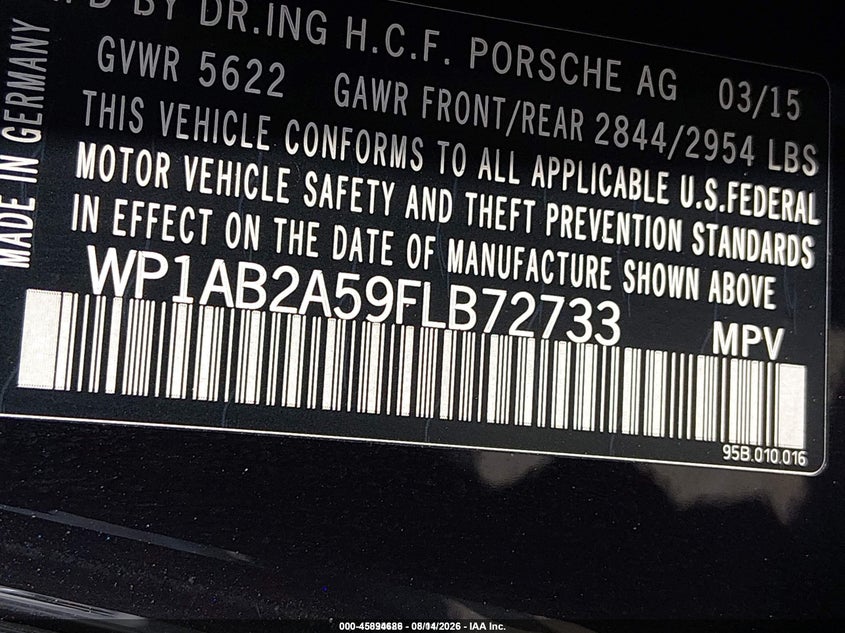 PORSCHE MACAN 2015 VIN WP1AB2A59FLB72733