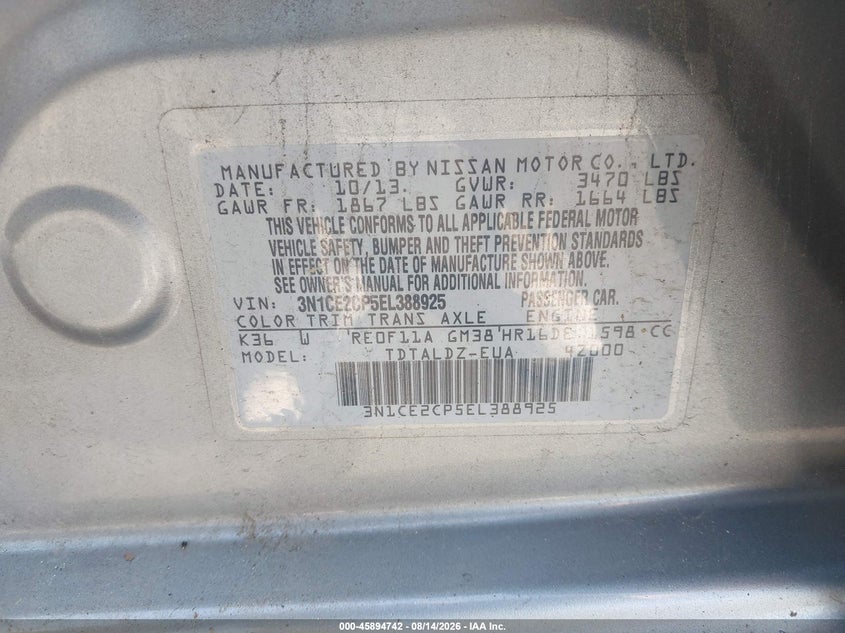 NISSAN VERSA NOTE 2014 VIN 3N1CE2CP5EL388925