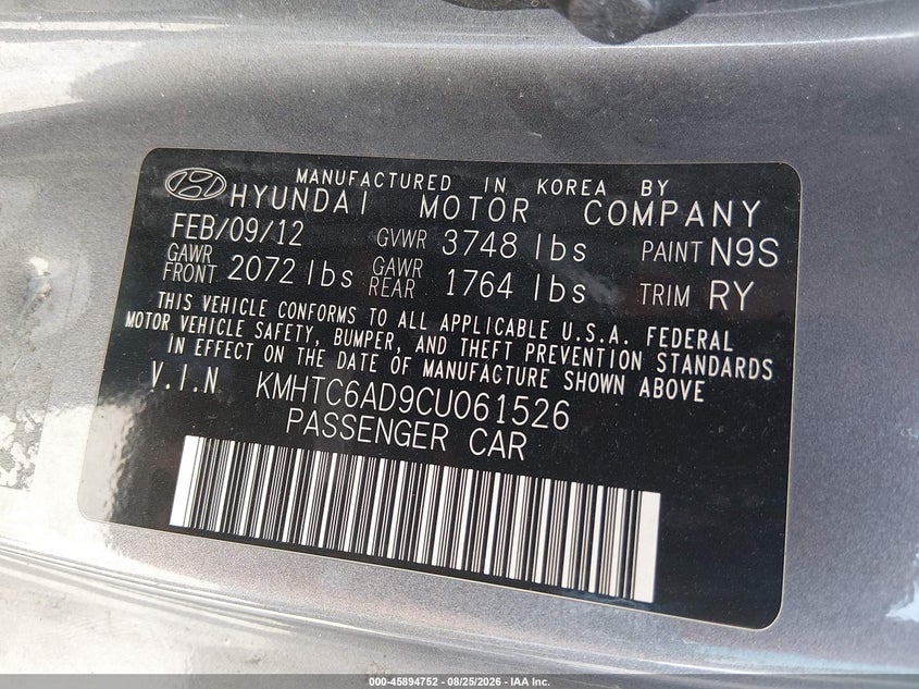 HYUNDAI VELOSTER 2012 VIN KMHTC6AD9CU061526
