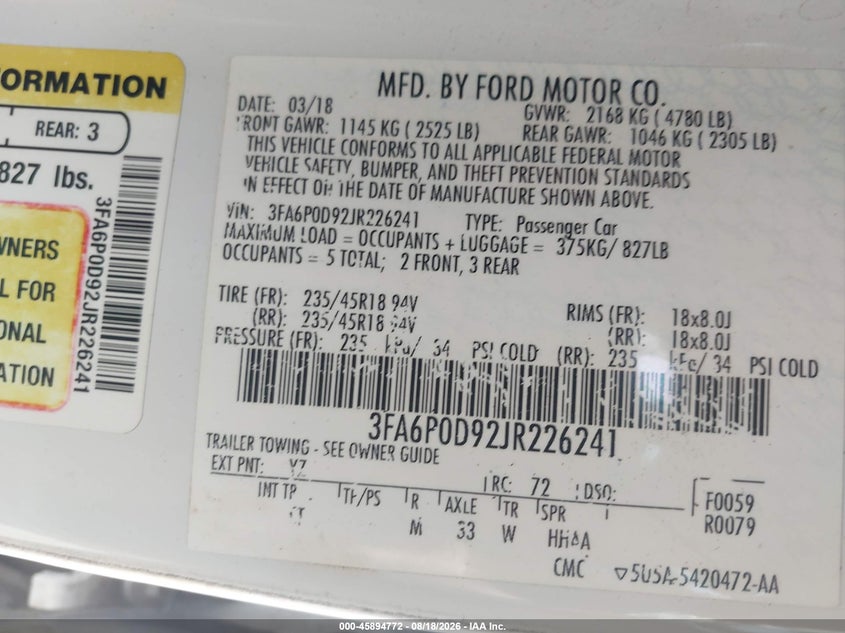FORD FUSION 2018 VIN 3FA6P0D92JR226241