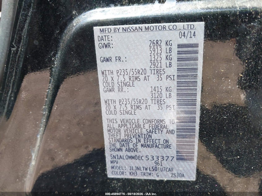 INFINITI QX60 2014 VIN 5N1AL0MM0EC533377