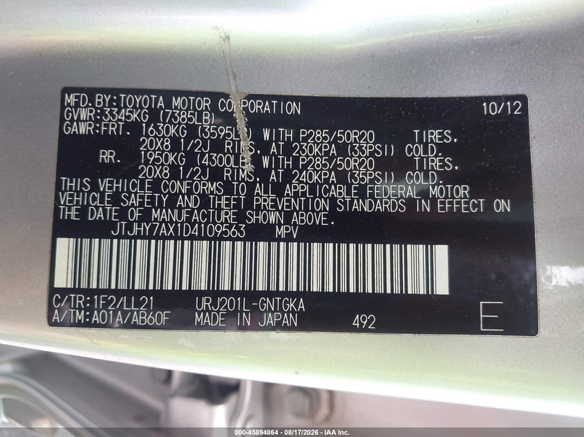 LEXUS LX 570 2013 VIN JTJHY7AX1D4109563