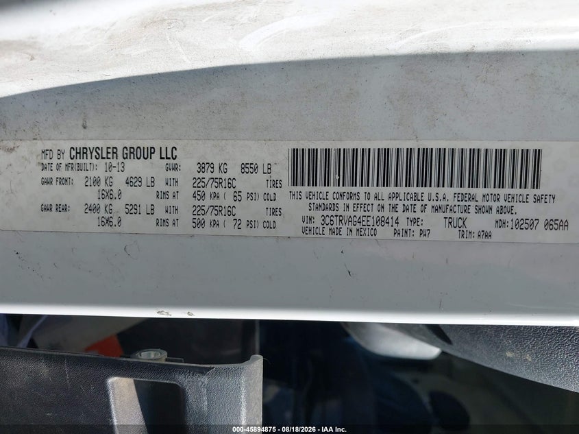 RAM PROMASTER 1500 2014 VIN 3C6TRVAG4EE108414
