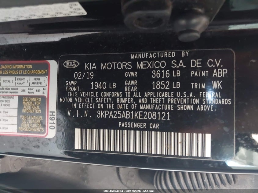 KIA RIO 5-DOOR 2019 VIN 3KPA25AB1KE208121