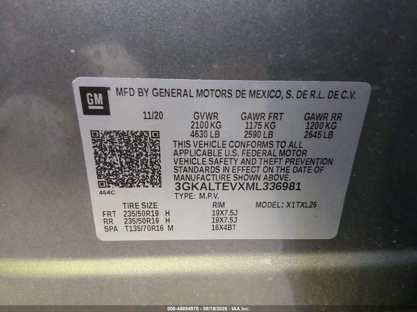 GMC TERRAIN 2021 VIN 3GKALTEVXML336981