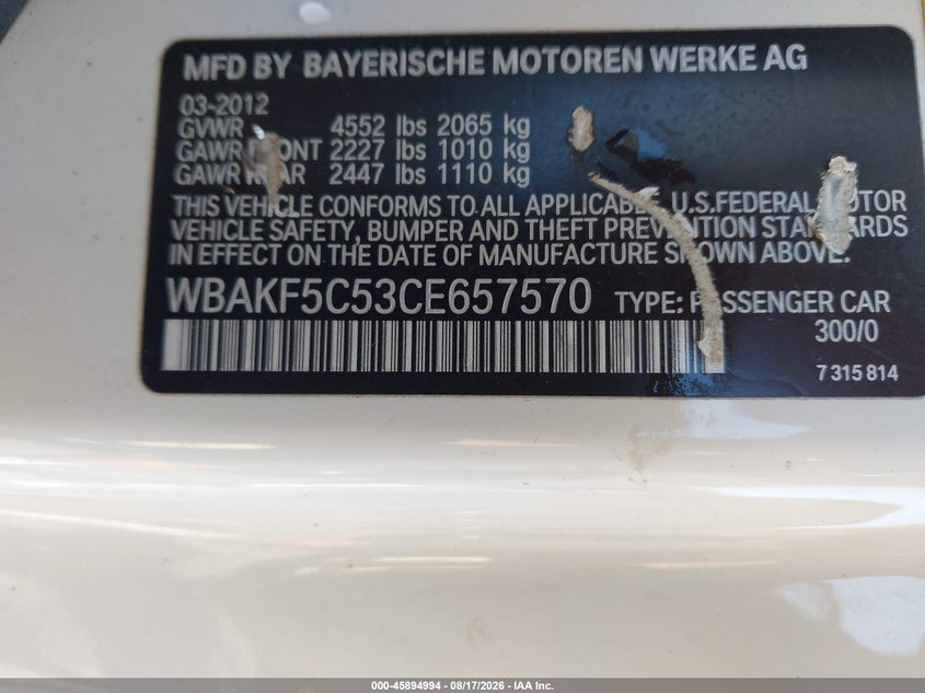 BMW 328I 2012 VIN WBAKF5C53CE657570