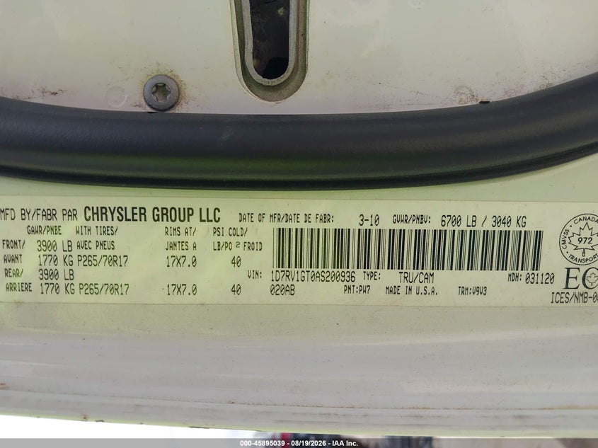 DODGE RAM 1500 2010 VIN 1D7RV1GT0AS200936
