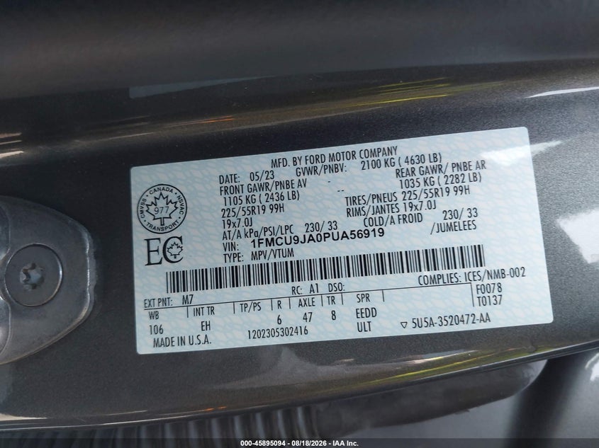 2023 FORD ESCAPE SPORT UTILITY VEHICLE 2.0L I-4 DI, DOHC, VVT, TURBO, 250HP
