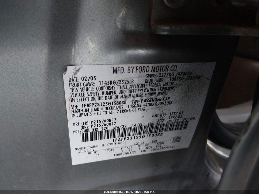 FORD FIVE HUNDRED 2005 VIN 1FAFP23125G158088