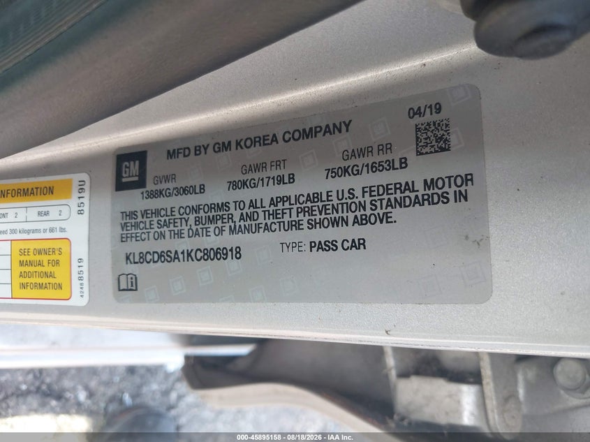 CHEVROLET SPARK 2019 VIN KL8CD6SA1KC806918