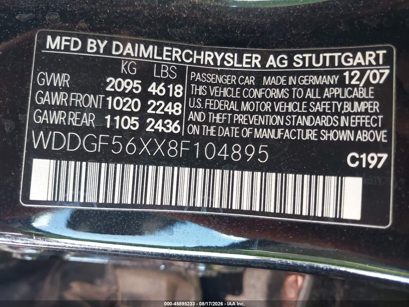MERCEDES-BENZ C 350 2008 VIN WDDGF56XX8F104895