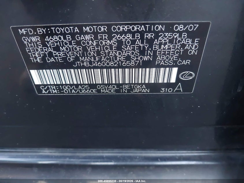 LEXUS ES 350 2008 VIN JTHBJ46G082165871